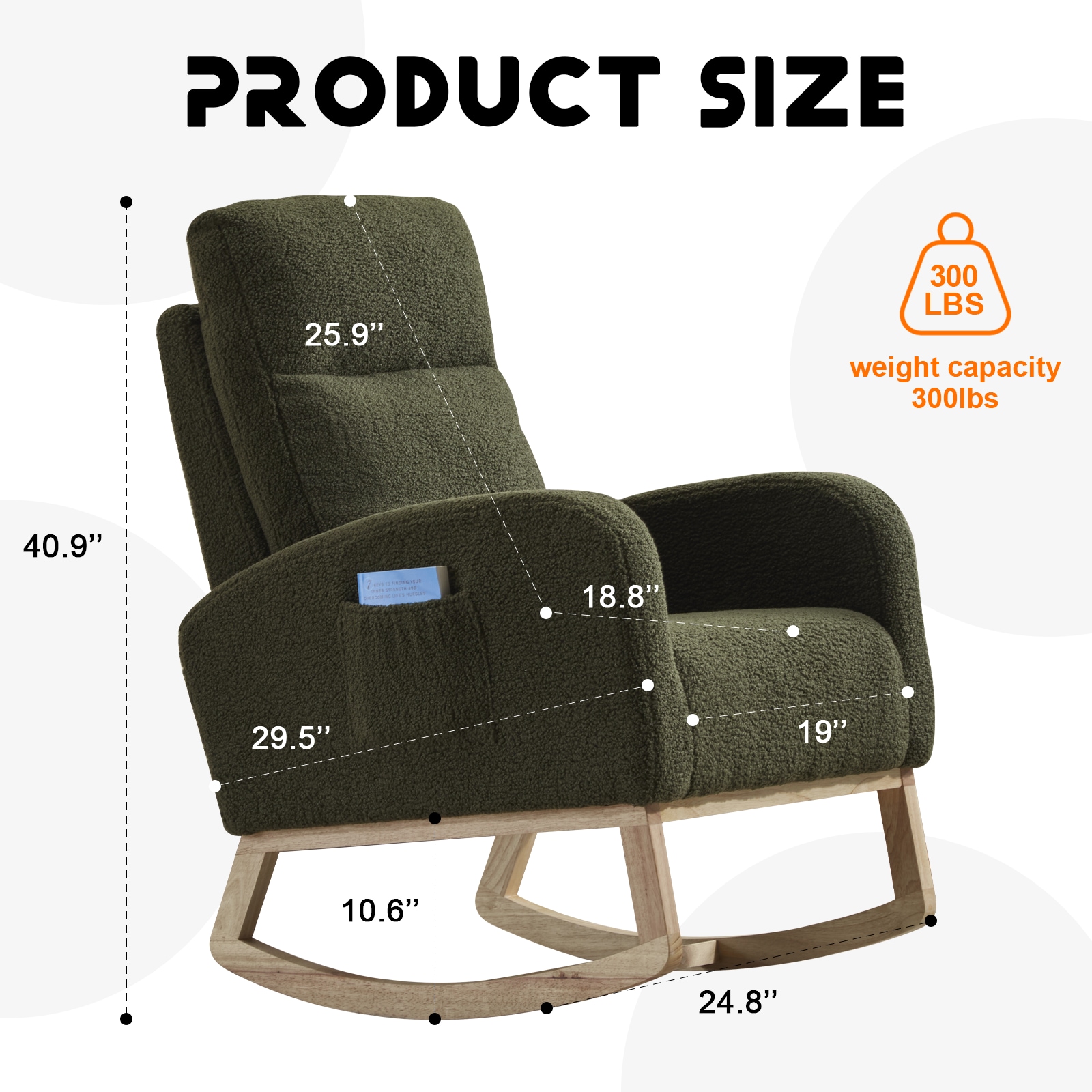 Modern Accent Rocking Chair Rocking Chair With Solid Wood Legs, Upholstered Nursery Glider Rocker, Comfy Armchair With Side Pocket, Living Room Lounge Arm Chair With High Backrest (Dark Green,teddy)_voghion.com